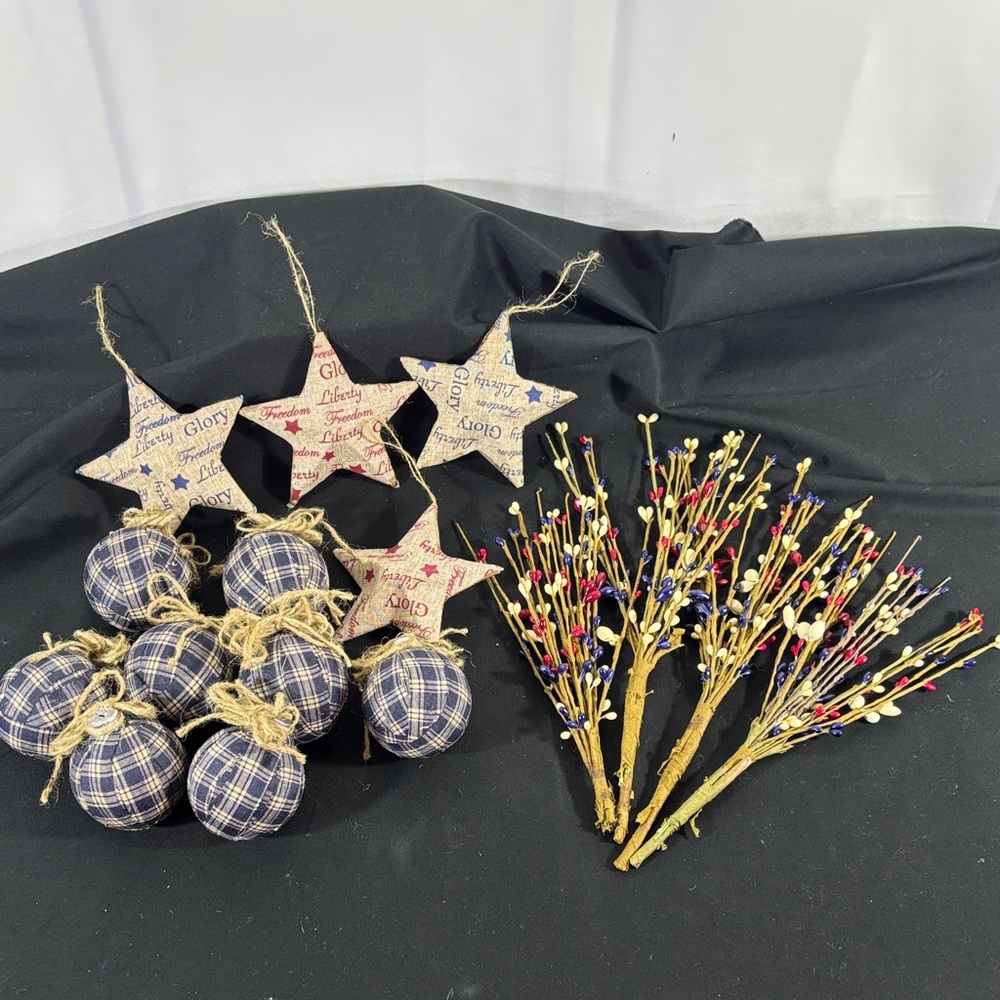 Rustic Patriotic Holiday Ornament Set - Blue Plaid and Star Accents